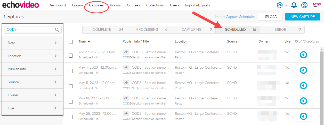 Captures page with Scheduled captures list shown and navigation and filter options identified for steps as described